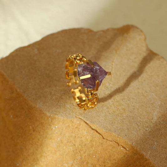 Anel Ajustável de Pedra Natural: Quartzo, Fluorita, Ametistas e Ágata - Joia de Festa e Anel de Cristal Curativo Ajustável