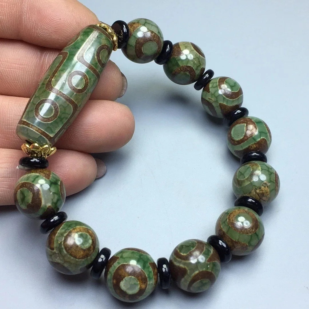 Green Jade 9 Eye Tibet Dzi Bead Pulseira para Homens, Budismo Tibetano, Ágata Fengshui, 3 Olhos Dzi Beads, Pulseiras de Amuleto de Sorte