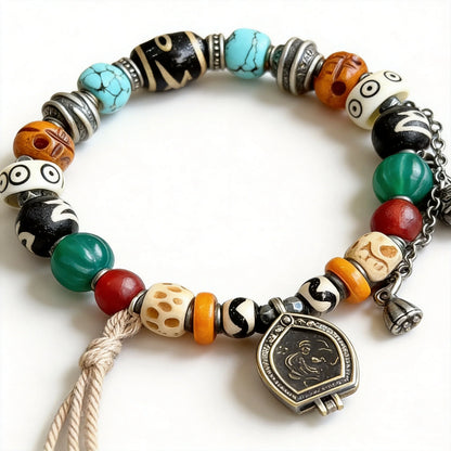 Pulseira de Bênção Estilo Tibetano Tradicional com Osso de Yak, Osso de Camelo, Conta Dzi, Turquesa, Ágata, Estrela, Lua e Bodhi - Joia da Sorte e Fortuna