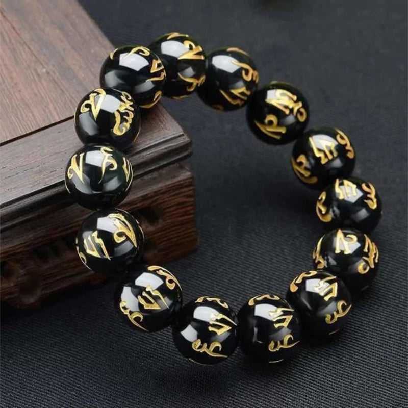 Budismo tibetano seis palavras mantra pulseiras para homens mulheres preto obsidiana amuleto sorte pulseiras jóias com caixa de presente