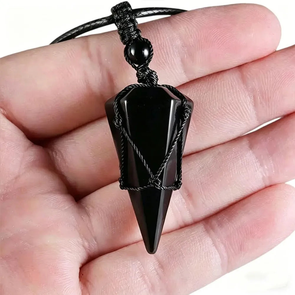 Colar com pingente em forma de cone de obsidiana e olho de tigre natural, para homens e mulheres, com cordão trançado à mão, pingente de cristal em forma de pêndulo, joia para oferecer como presente.