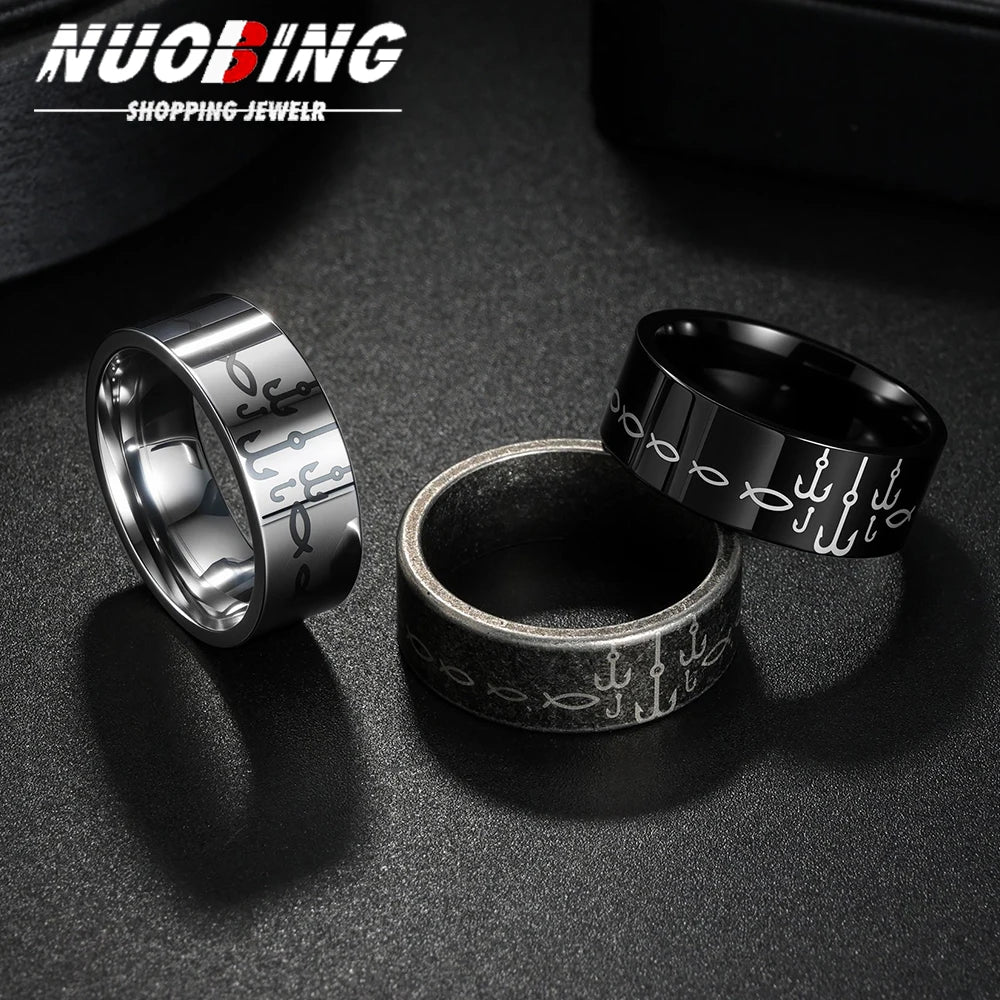 Anillo negro de acero con mantra, 8 mm