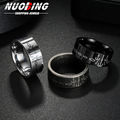 Anillo negro de acero con mantra, 8 mm