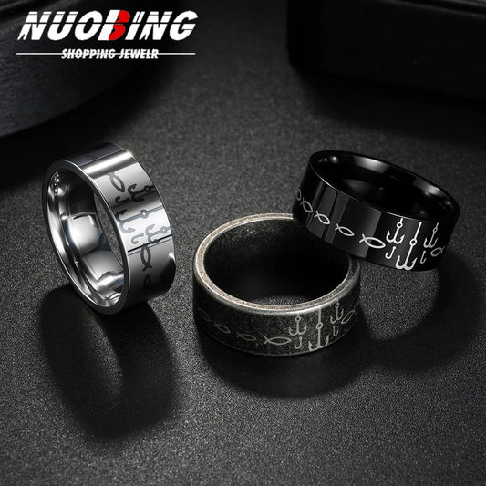 Anillo negro de acero con mantra, 8 mm