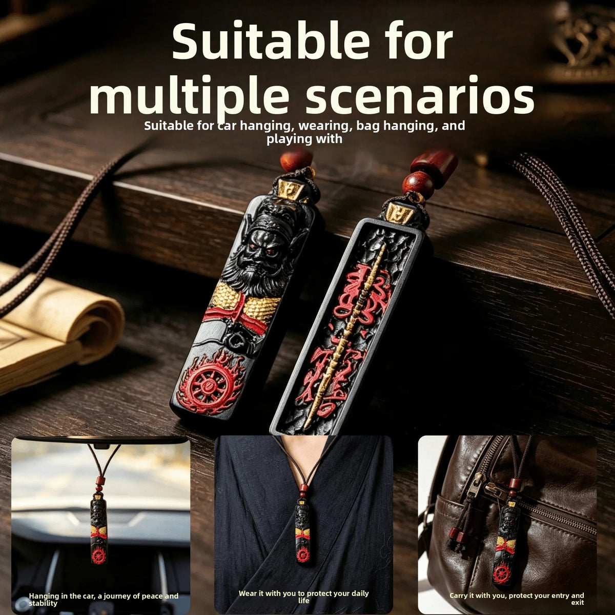 Colar de cordão de madeira com pingente longo de roda do Dharma, entalhado à mão, em madeira de ébano, com o taoista chinês Wang Lingguan, amuleto de madeira auspicioso, da sorte e de bênção.