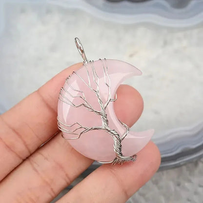 Pingente de cristal natural fio envoltório árvore da vida grande lua crescente pedra mineral pêndulo ametista quartzo colar para presente feminino