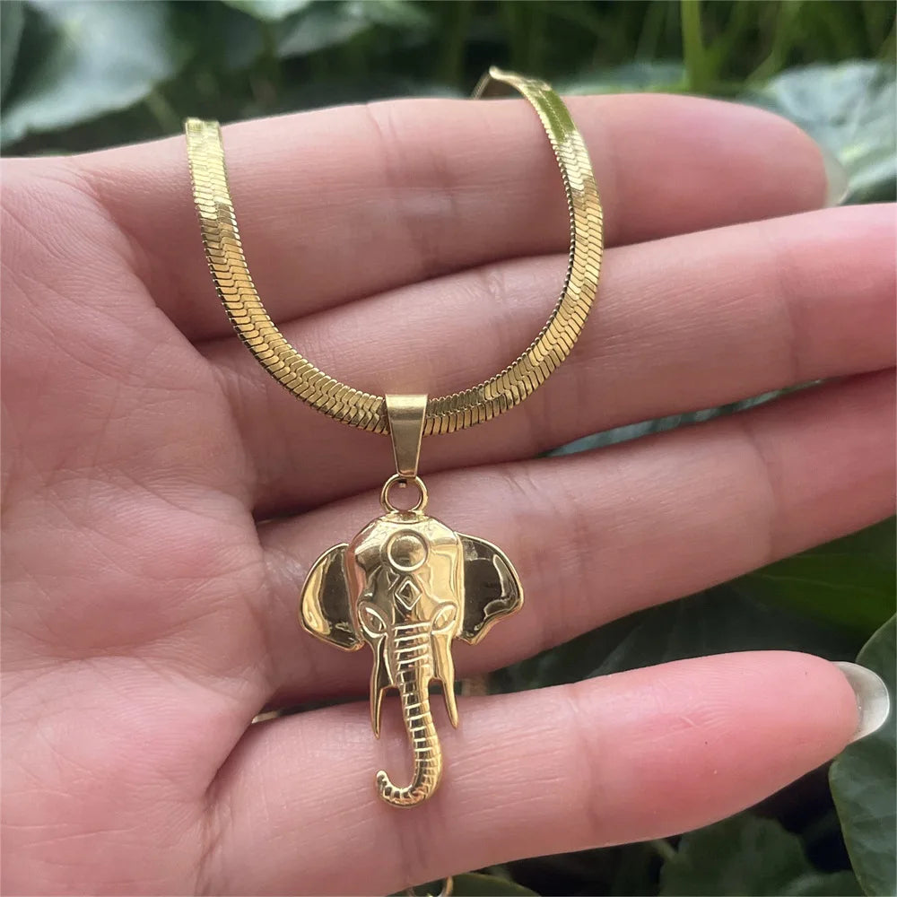 Cabeça de elefante lâmina corrente colar para mulheres punk mulher pingente longo aço inoxidável hiphop colares gargantilha moda 2023