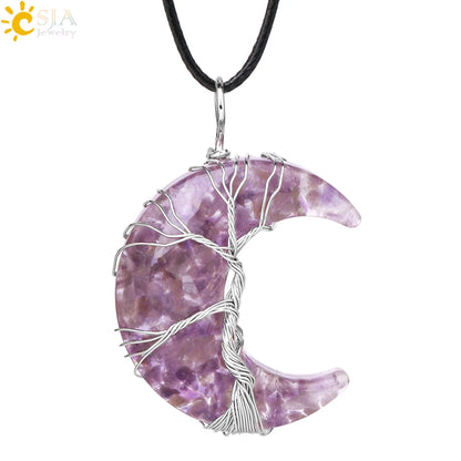 CSJA-Cristal Natural Colar de Pingentes, Lua Crescente Árvore da Vida, Quartzo Rosa, Natural Pedra Chip, Talão Pingentes de Resina, Jóias H151