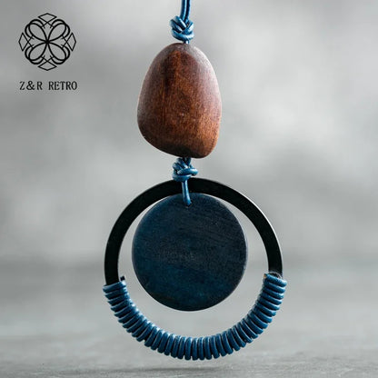 Colar longo com pingente de madeira para mulheres, vintage, boho, joias em camadas, presente exclusivo, feito à mão, retrô, peça de declaração diária