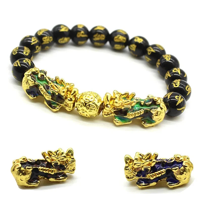 Pulseiras unissex de pedra obsidiana, pulseira chinesa fengshui dupla pixiu que muda de cor, riqueza, boa sorte, homens e mulheres