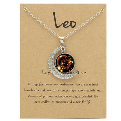 Colar de pingente de lua com 12 signos do zodíaco de vidro com cartão vintage astrologia constelação joias presentes