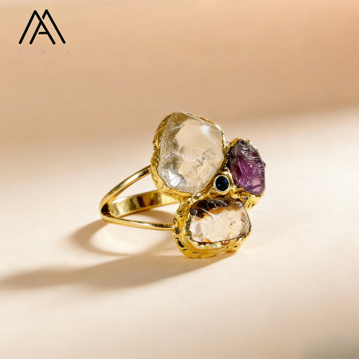 Anéis clássicos de ametista natural, quartzo branco, zircônia, pedra preciosa, joia banhada a ouro 18k, anel de dedo feminino, festa de casamento ajustável