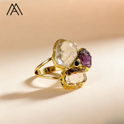 Anéis clássicos de ametista natural, quartzo branco, zircônia, pedra preciosa, joia banhada a ouro 18k, anel de dedo feminino, festa de casamento ajustável