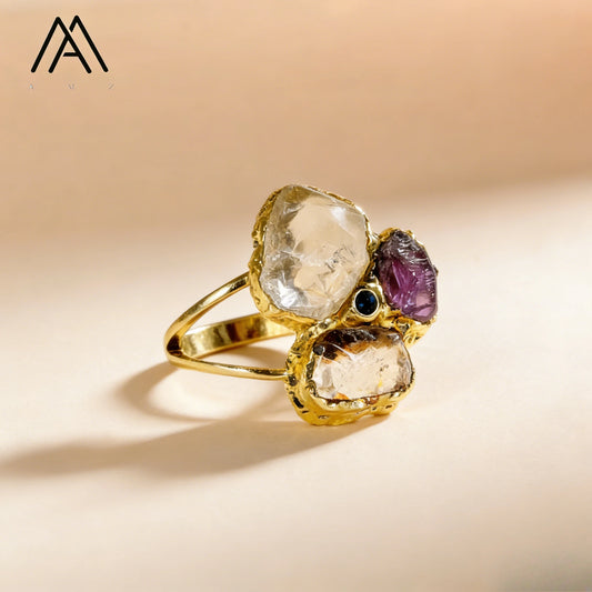 Anéis clássicos de ametista natural, quartzo branco, zircônia, pedra preciosa, joia banhada a ouro 18k, anel de dedo feminino, festa de casamento ajustável