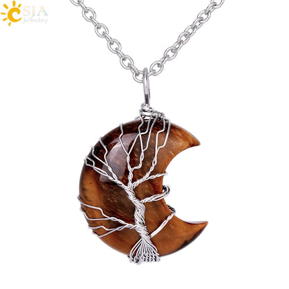 CSJA-Cristal Quartzo Rosa Natural Colar de Pingentes Mulher, Forma de Lua, Árvore da Vida, Pedra Natural, Pingentes Reiki, Jóias, G990