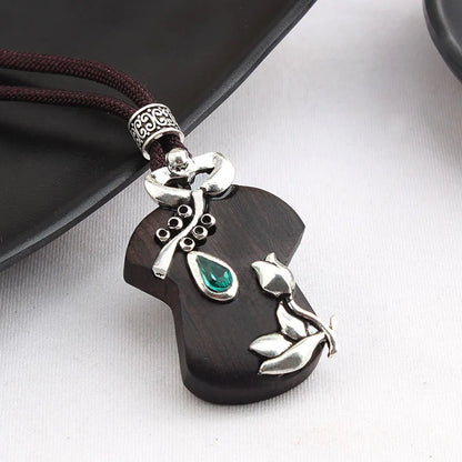 Colar longo com pingente de madeira de ébano, estilo chinês, feito à mão, com design retro, para mulheres, ideal para usar com blusas de tricô, com cordão encerado, joia de estilo étnico boho, para uso diário.