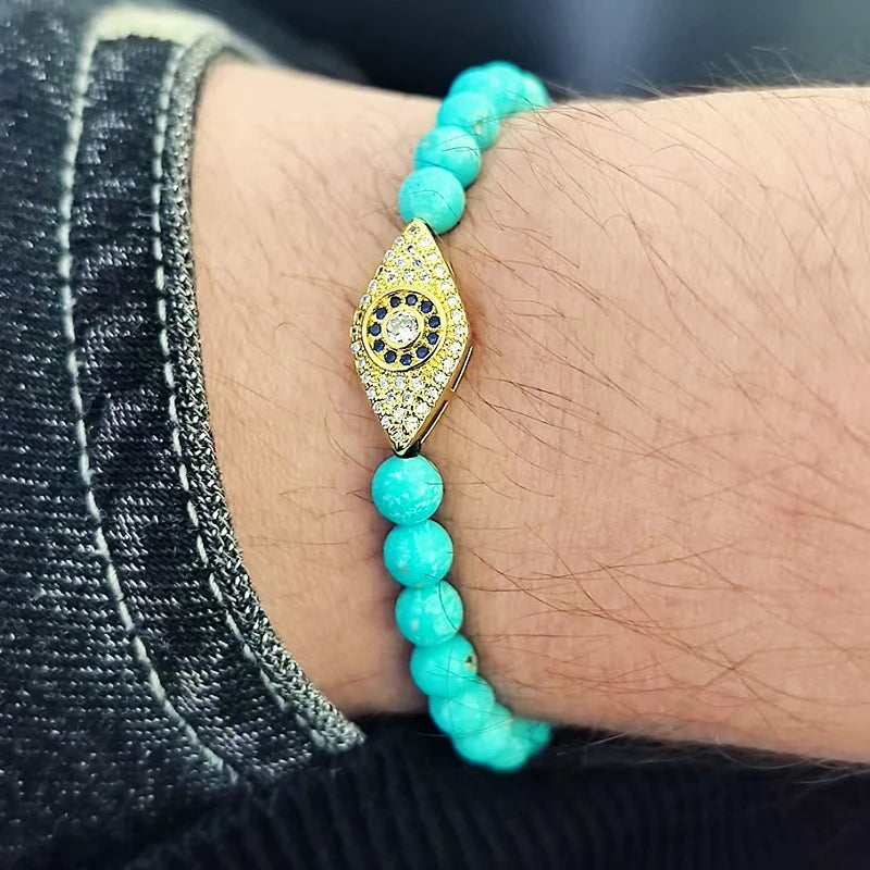 Luxo natural turquesa contas mau olhado encantos homem pulseira para mulher artesanal jóias presente