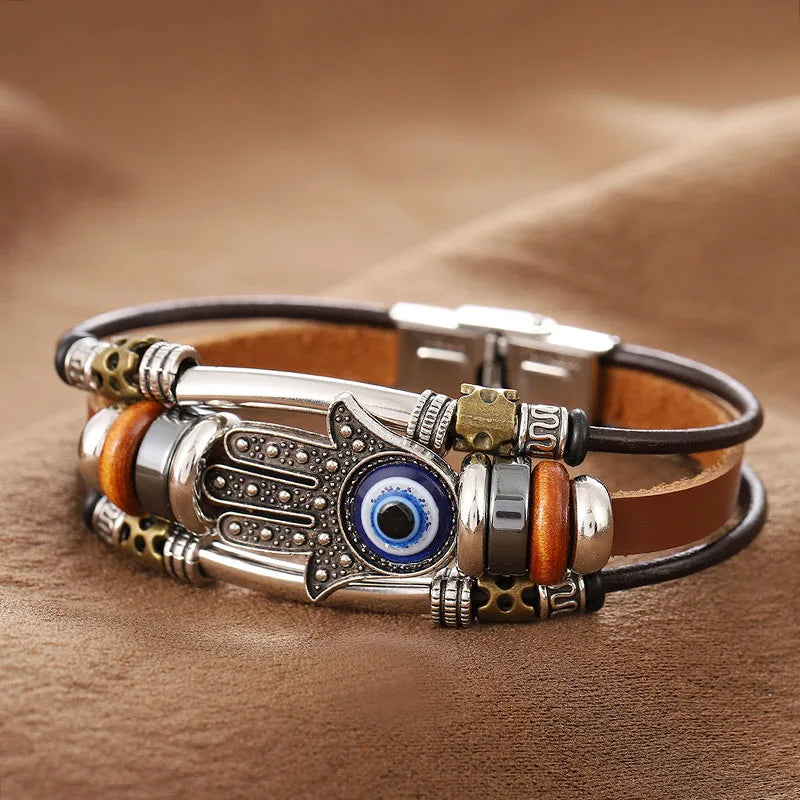 Mal olhado fatima mão charme pulseiras para mulheres homens pulseira de couro genuíno turco azul olho pulseira sorte mão jóias presentes