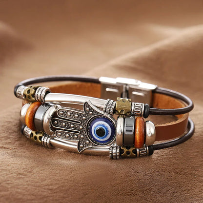 Mal olhado fatima mão charme pulseiras para mulheres homens pulseira de couro genuíno turco azul olho pulseira sorte mão jóias presentes