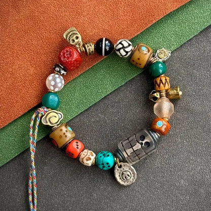 Pulseira de Bênção Estilo Tibetano Tradicional com Osso de Yak, Osso de Camelo, Conta Dzi, Turquesa, Ágata, Estrela, Lua e Bodhi - Joia da Sorte e Fortuna