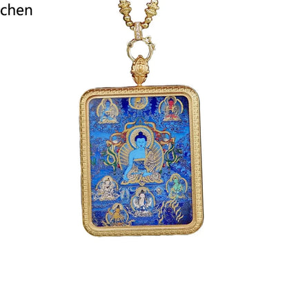 Colar Buda da Medicina Thangka FX-22 em Aço Titânio com Pigmento Mineral Vegetal - Patrimônio Cultural Imaterial
