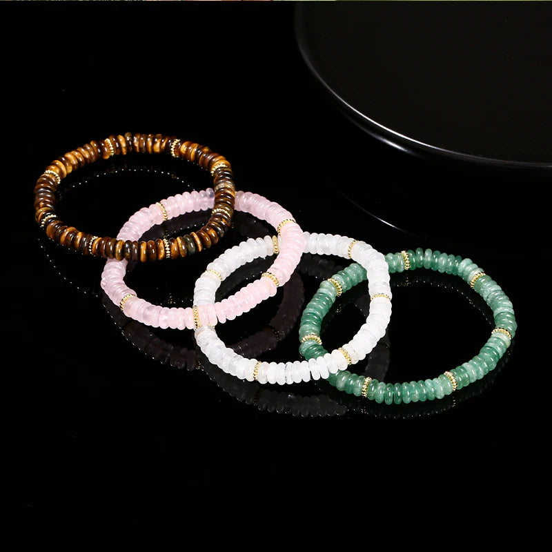 Pedra natural verde aventurina rosa quartzo plana espaçador contas pulseira feminino masculino cura espiritual pulseira elástica jóias presente