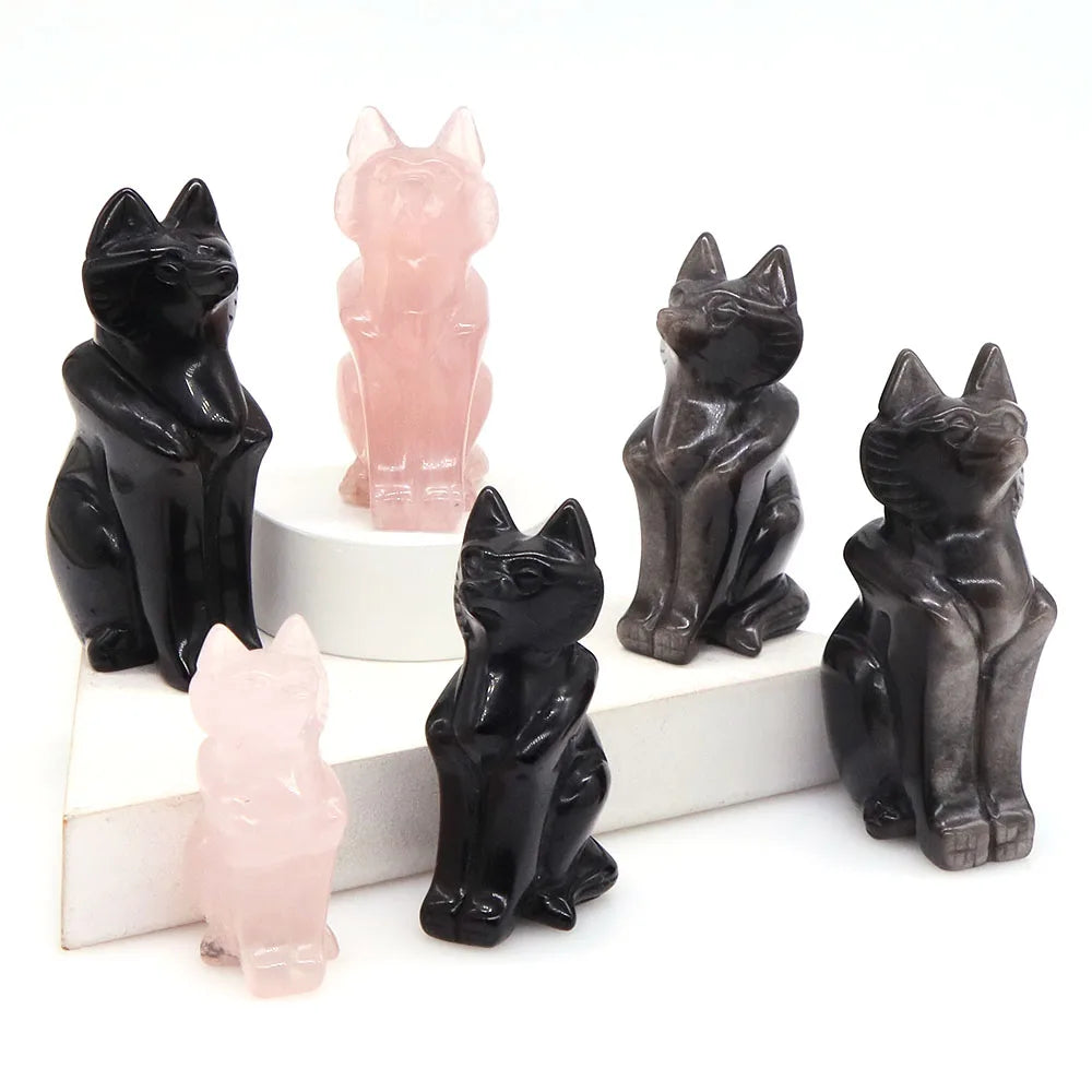 Estátua de raposa natural, quartzo rosa, preto, prata, obsidiana, cristal de quartzo transparente, pedra de cura esculpida, estatueta de animal, decoração de casa, artesanato