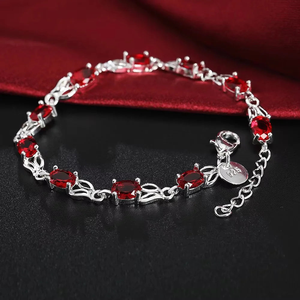 Pulseiras de corrente com cristais vermelhos vibrantes em prata de lei 925, para mulheres, ideais para festas, casamentos e como lindos presentes de Natal. Joias requintadas.