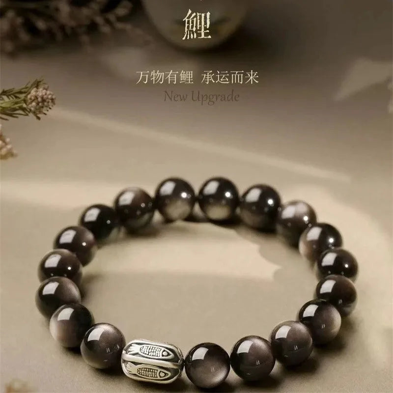 Pulseira de prata S999 com obsidiana prateada, estilo chinês, com motivo de carpa koi da sorte, para o Ano do Dragão, que traz bênçãos e prosperidade, unissex, presente para casais.