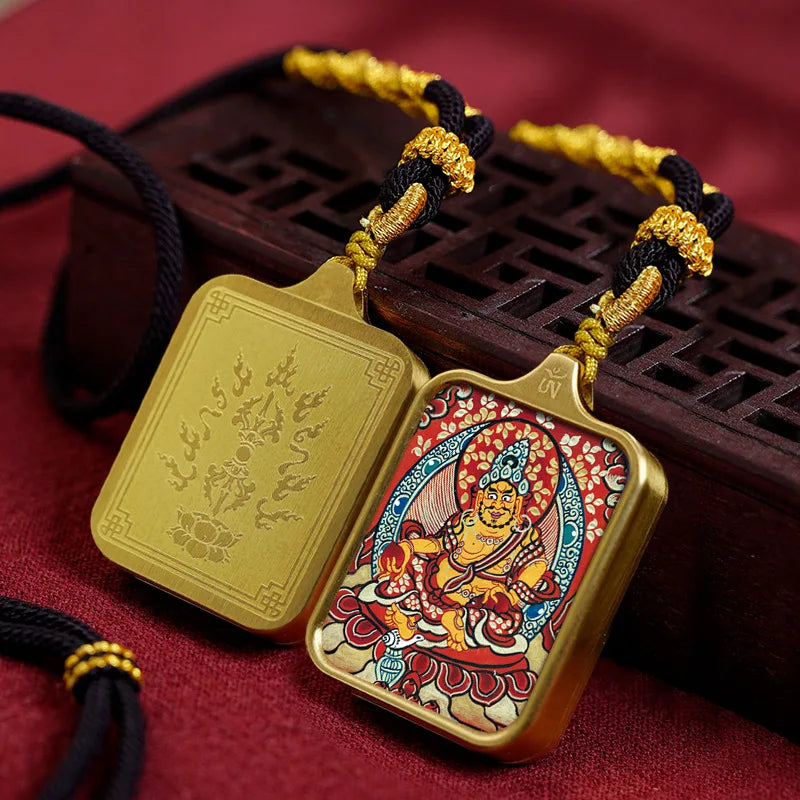 Vintage titânio aço thangka pingentes estilo tibetano zhakiram amarelo deus da riqueza colar talismã masculino e feminino