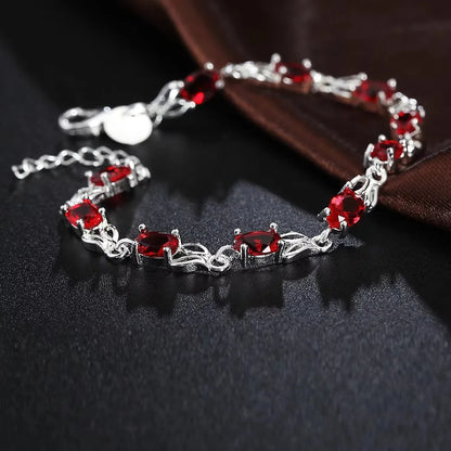 Pulseiras de corrente com cristais vermelhos vibrantes em prata de lei 925, para mulheres, ideais para festas, casamentos e como lindos presentes de Natal. Joias requintadas.