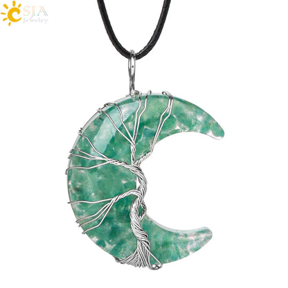 CSJA-Cristal Natural Colar de Pingentes, Lua Crescente Árvore da Vida, Quartzo Rosa, Natural Pedra Chip, Talão Pingentes de Resina, Jóias H151