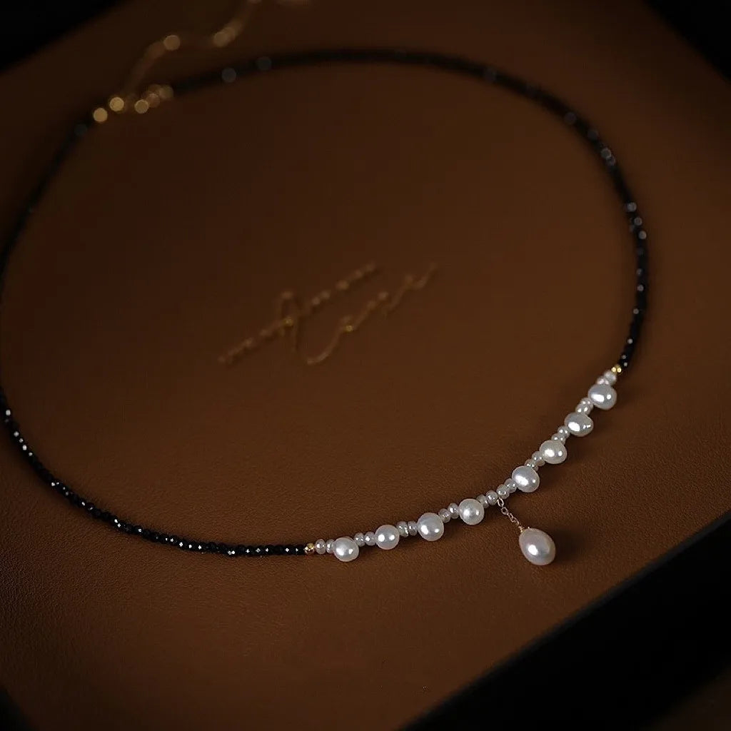 Nova chegada elegante pedra de espinel preto & pérola de água doce natural 14k ouro preenchido feminino pingente colar jóias nunca desaparecer