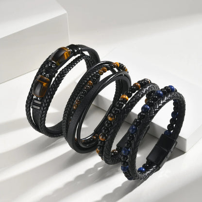 Pulseira de Couro Trançada Multicamadas Vnox para Homens, com Pérolas de Olho de Tigre e Lápis-Lazúli, Fecho Magnético, Joia Masculina Moderna para Presente