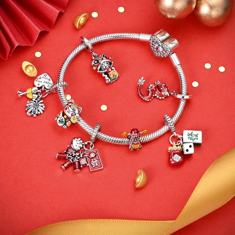 Original 925 prata esterlina encantos grânulo china ano novo vermelho encantos nova boneca pingente fecho aberto caber multi estilo pulseira original