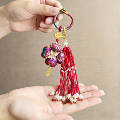 Pingente de Cabaça Auspiciosa Chinesa Artesanal com Bordado de Brocado Song e Borla de Contas, Charm para Bolsa e Enfeite para Carro, para Boa Sorte e Fortuna
