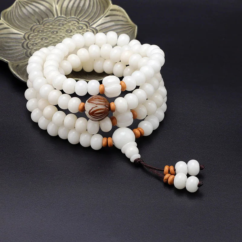 Pulseira de Raiz de Bodhi Natural com 108 Contas, Colar Budista, Contas de Bodhi de Jade Branco, Mala de Pulso Unissex com Acessórios Reais, Presentes