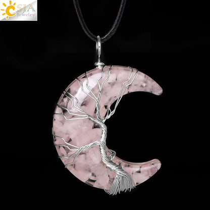 CSJA-Cristal Natural Colar de Pingentes, Lua Crescente Árvore da Vida, Quartzo Rosa, Natural Pedra Chip, Talão Pingentes de Resina, Jóias H151