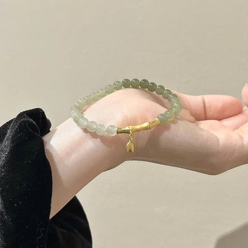 Pulseira de Luxo em Jade Hetian Natural Autêntico Verde com Contas Redondas e Folha de Bambu para Mulheres com Certificado