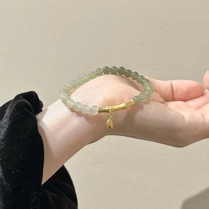 Pulseira de Luxo em Jade Hetian Natural Autêntico Verde com Contas Redondas e Folha de Bambu para Mulheres com Certificado