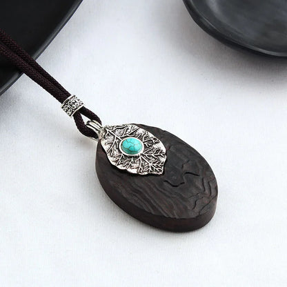 Colar longo com pingente de madeira de ébano, estilo chinês, feito à mão, com design retro, para mulheres, ideal para usar com blusas de tricô, com cordão encerado, joia de estilo étnico boho, para uso diário.