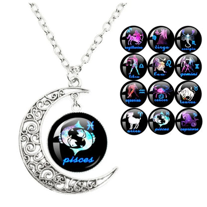 12 signos do zodíaco cúpula de vidro lua crescente pingente colar taurus câncer aquário peixes colar moda festa jóias presente