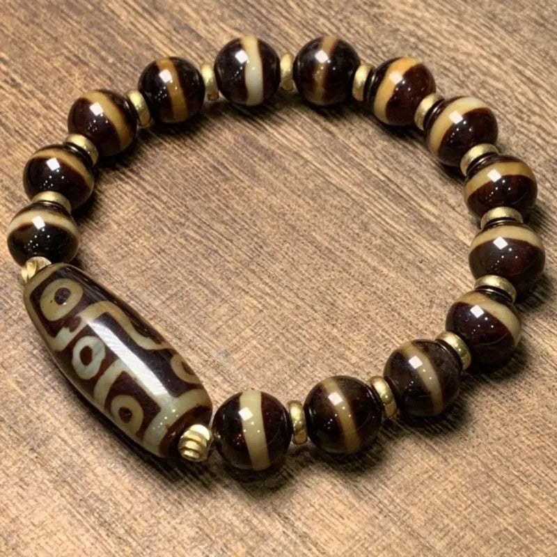 Pulseira de Ágata Brilhante Dzi Boutique, Pulseira Tibetana de Nove Olhos para Homens e Mulheres