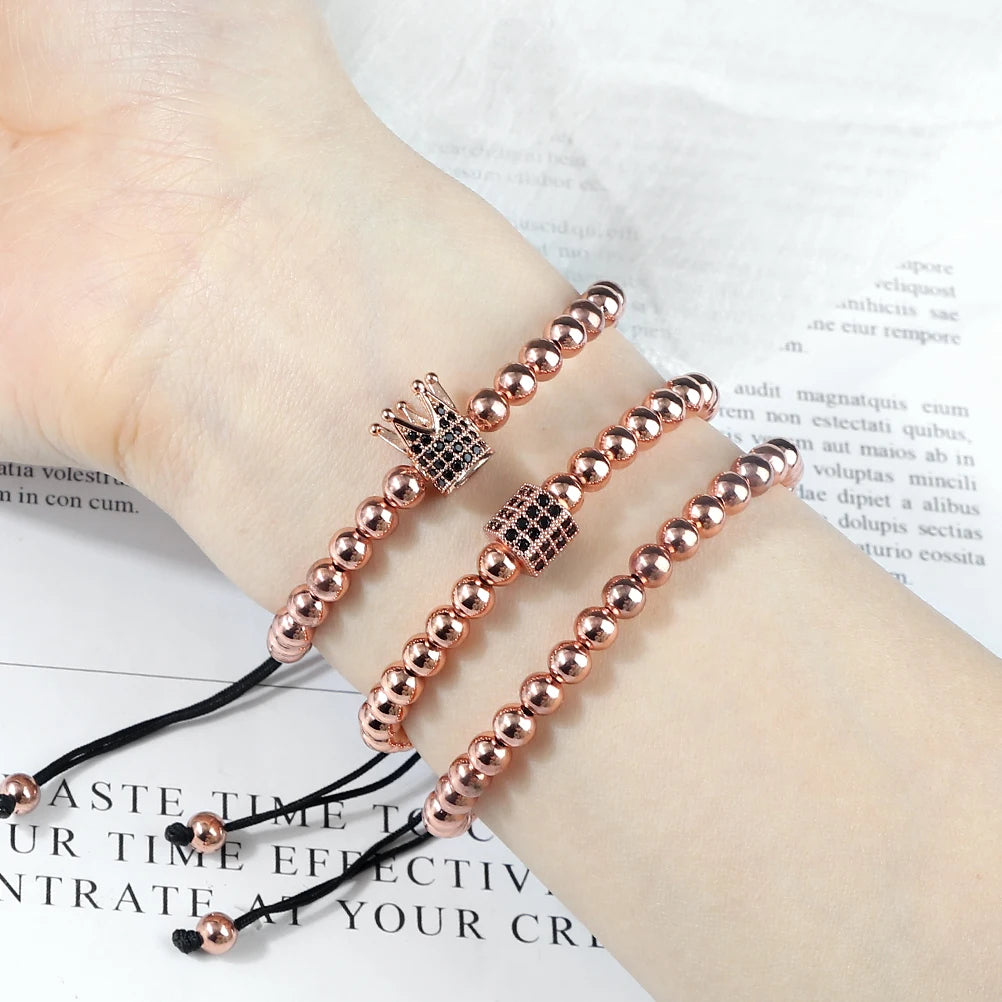 Pulseira de cobre para homens e mulheres, pingente coroa, pulseiras de casal, corrente da amizade, presente da jóia, conjunto 3 peças