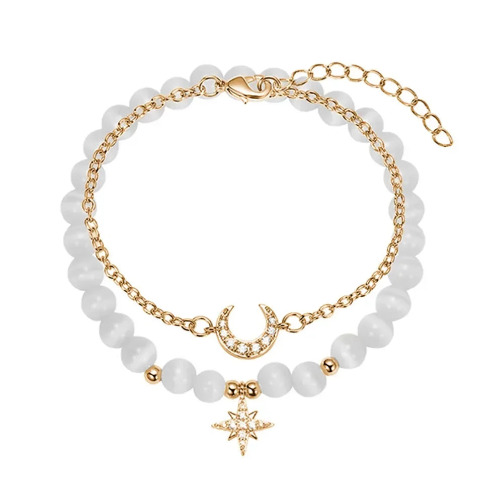 Kirykle pulseira de cristal natural para mulheres, opala branca, pedra, pérola, moda, trevo de quatro folhas da sorte, joias femininas, presente