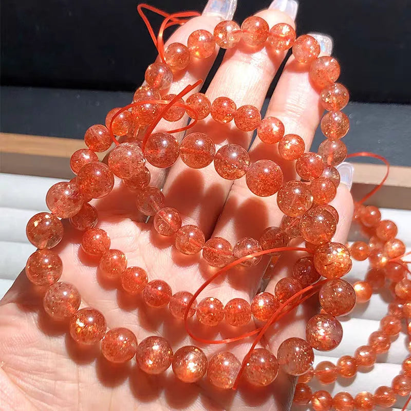 Pulseira de Quartzo Morango e Pedra do Sol Dourada Natural com Contas Redondas Transparentes 7mm 8mm Estrela de Luz, Pedra de Moda Feminina AAAAA