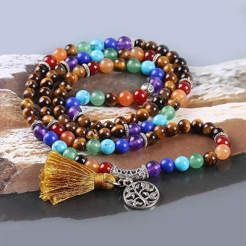 Pulseira de pedra preciosa natural, quartzo rosa, olho de tigre, 108 mala, contas de oração, envoltório de cura, 7 chakras, joias de meditação e662