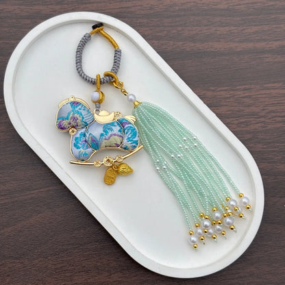 Pingente de Cabaça Auspiciosa Chinesa Artesanal com Bordado de Brocado Song e Borla de Contas, Charm para Bolsa e Enfeite para Carro, para Boa Sorte e Fortuna