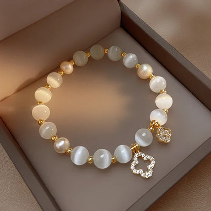 Kirykle pulseira de cristal natural para mulheres, opala branca, pedra, pérola, moda, trevo de quatro folhas da sorte, joias femininas, presente