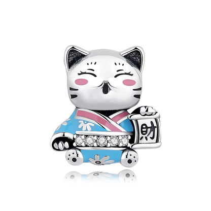 Charms Originais de Prata Esterlina 925, Pingente de Gato da Sorte, Boneca Japonesa, Presente de Ano Novo, Pulseiras e Colares para Mulheres, Joias
